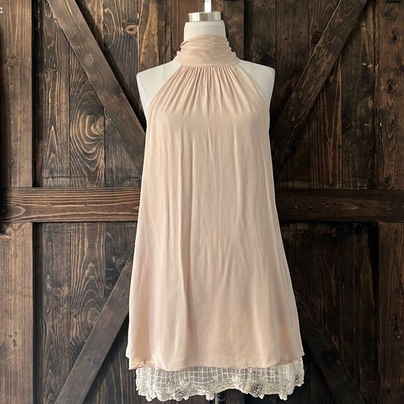 Alice and Olivia silk bottom sequin halter neck tie mini dress blush Sz- Med - Picture 1 of 12